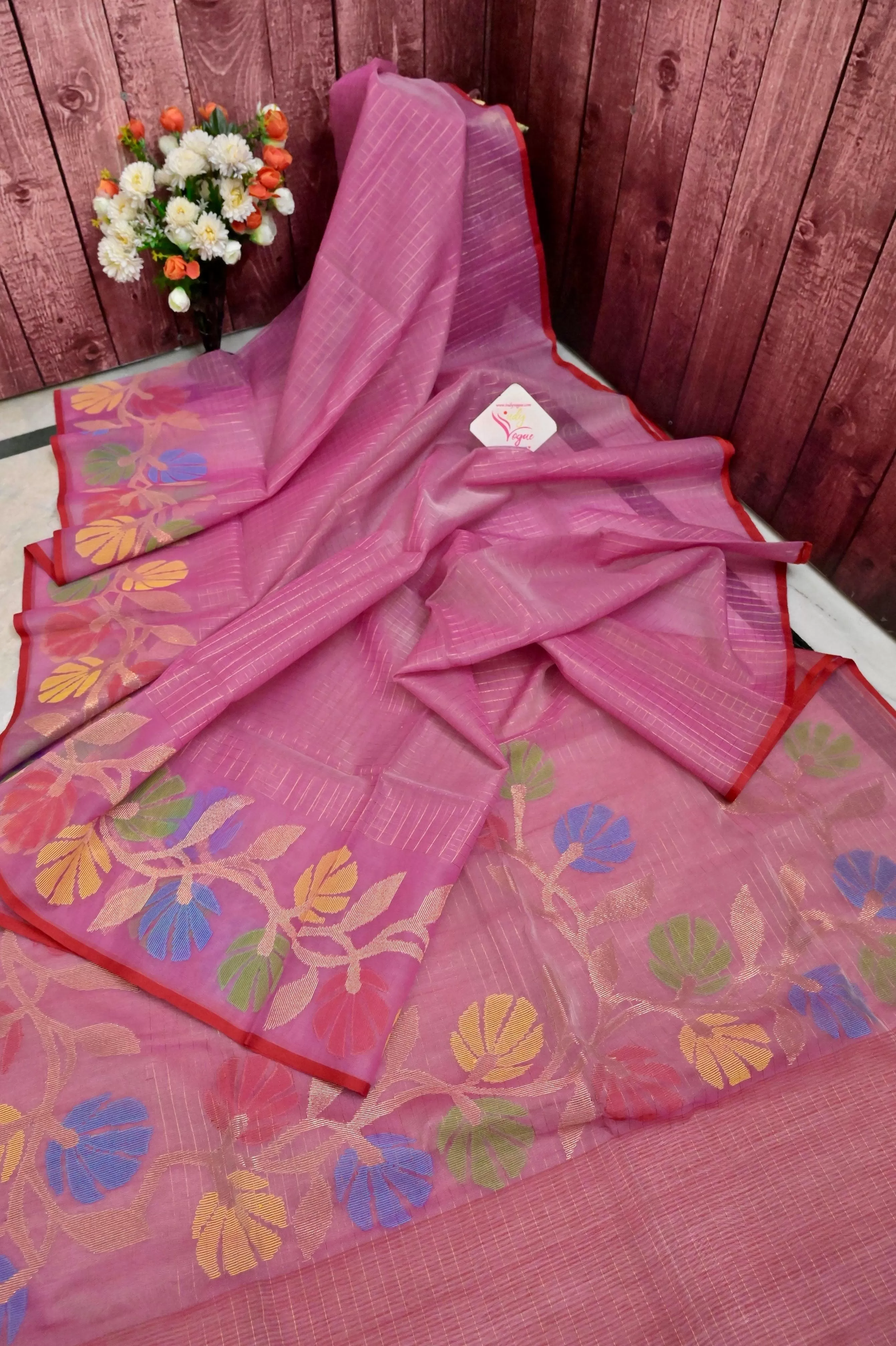 Pink Color Muslin Jamdani Saree with Jamdani Weaving and Allover Zari Checks