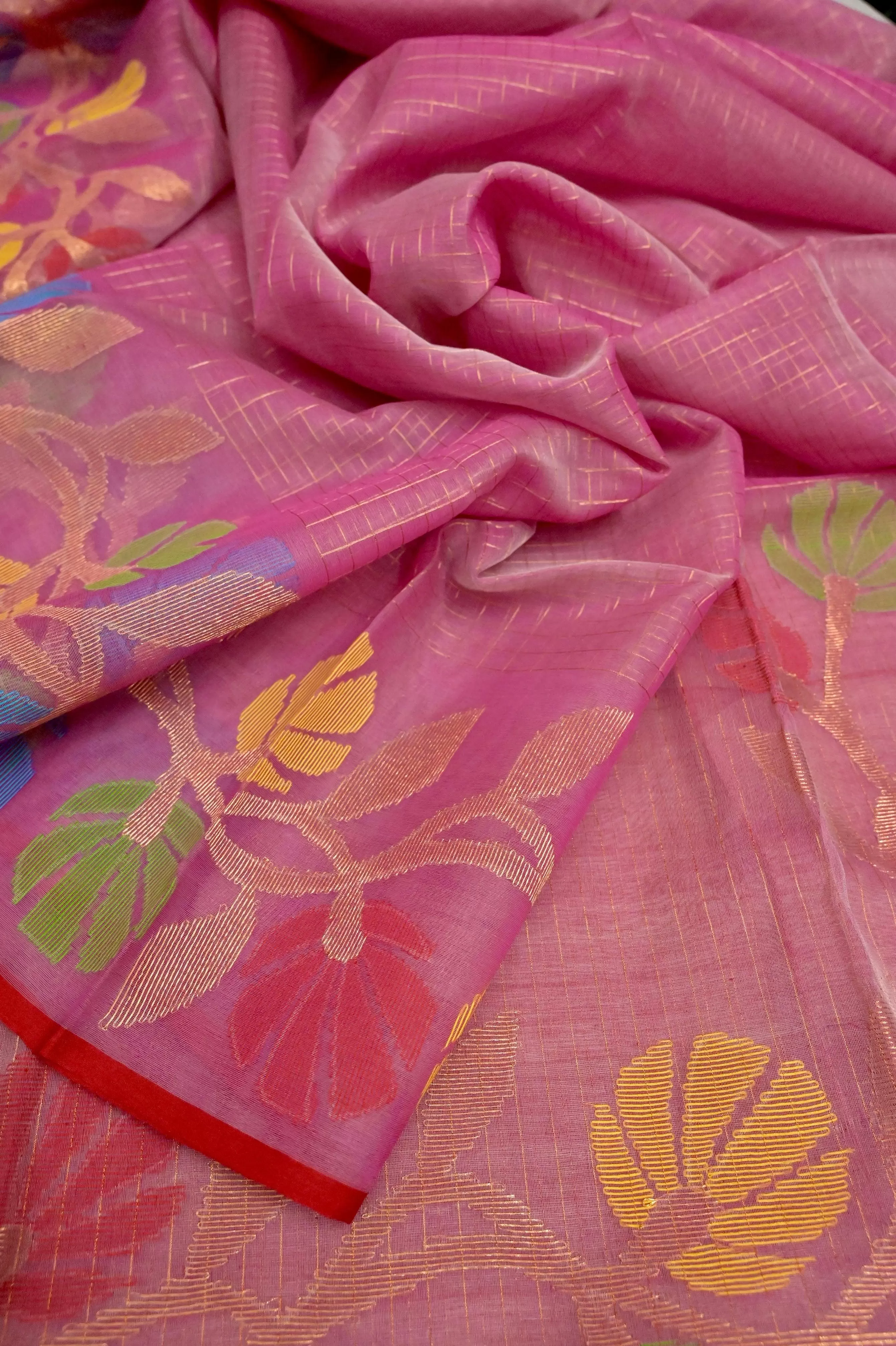 Pink Color Muslin Jamdani Saree with Jamdani Weaving and Allover Zari Checks