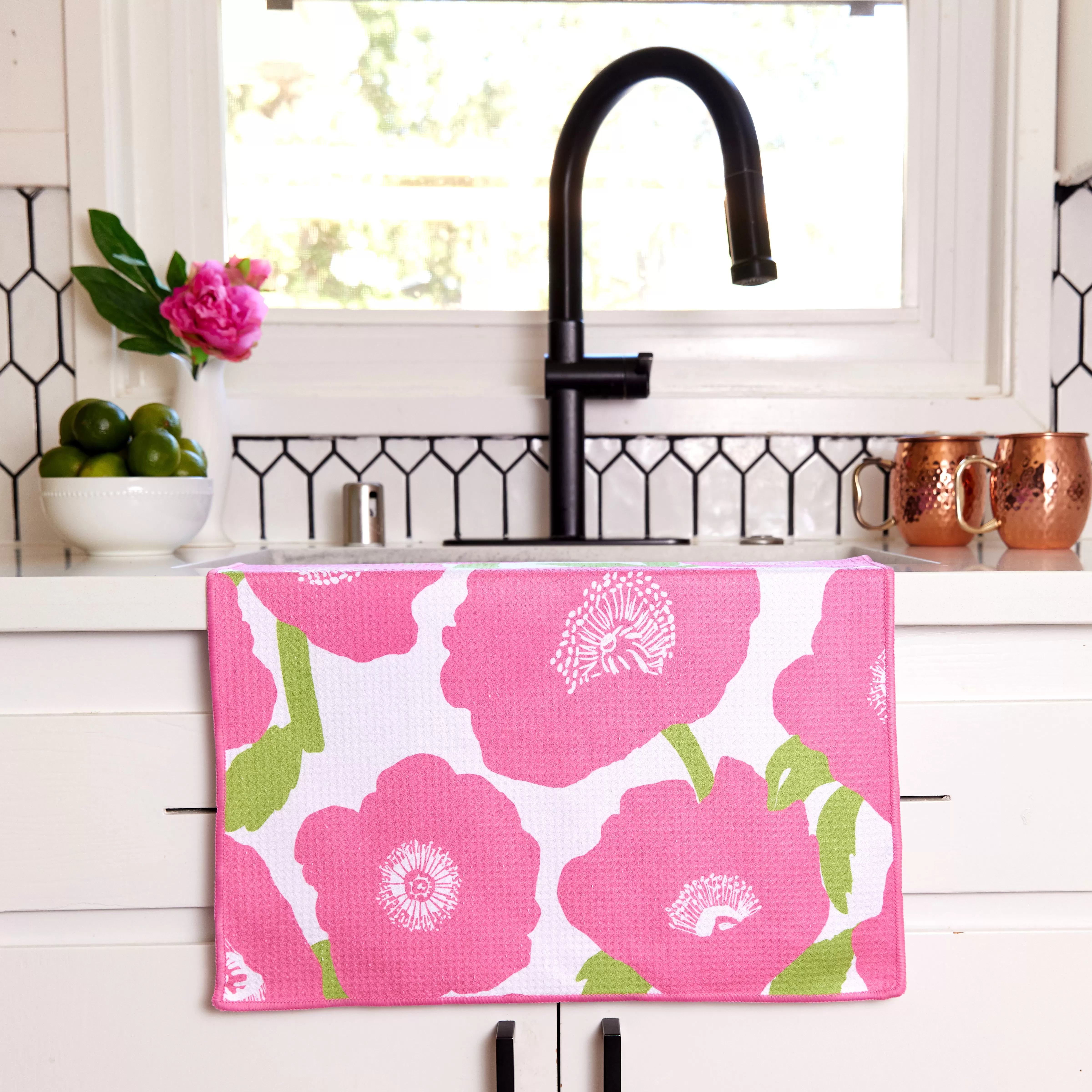 Pink Poppies blu Kitchen Tea Towel-Double Side Printed