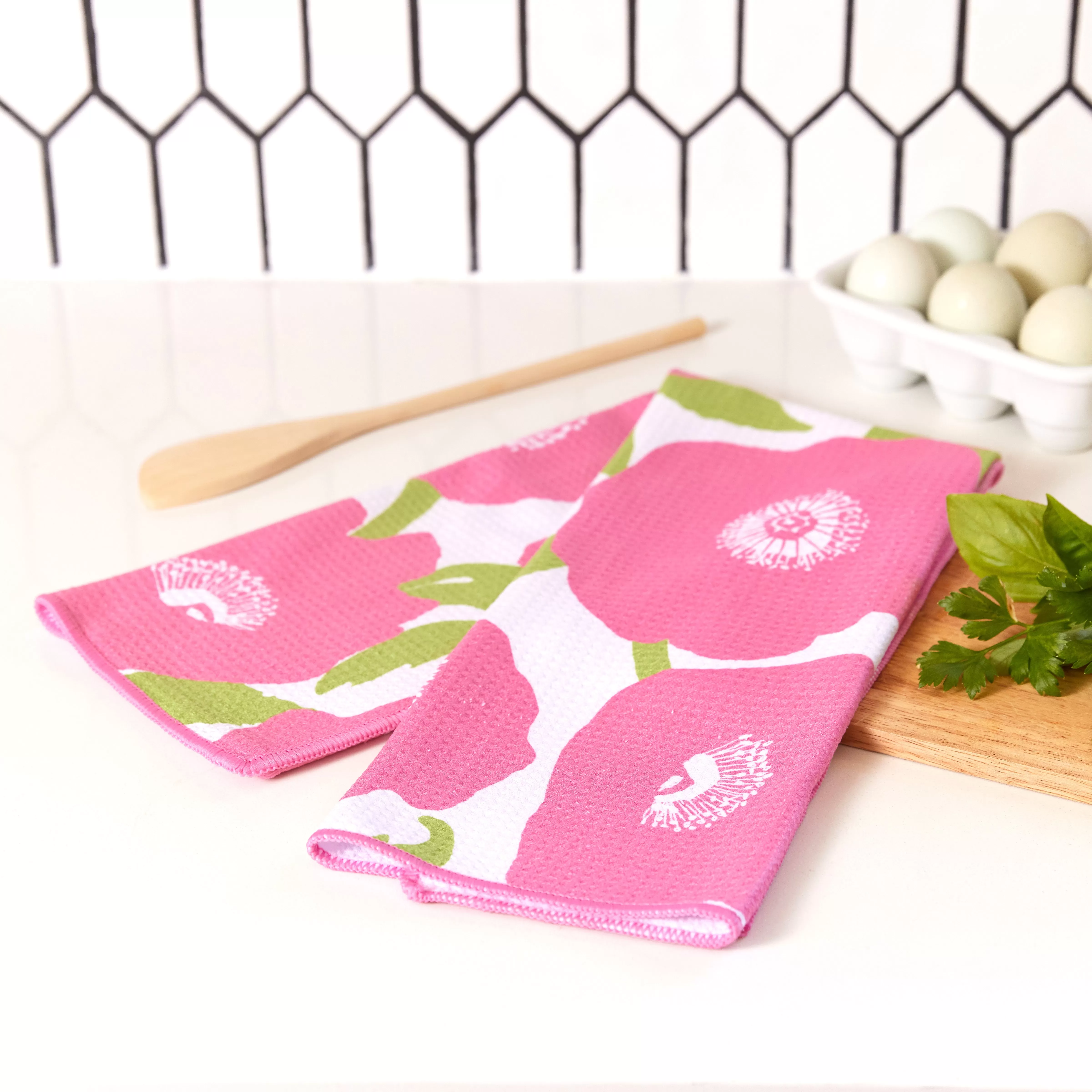 Pink Poppies blu Kitchen Tea Towel-Double Side Printed