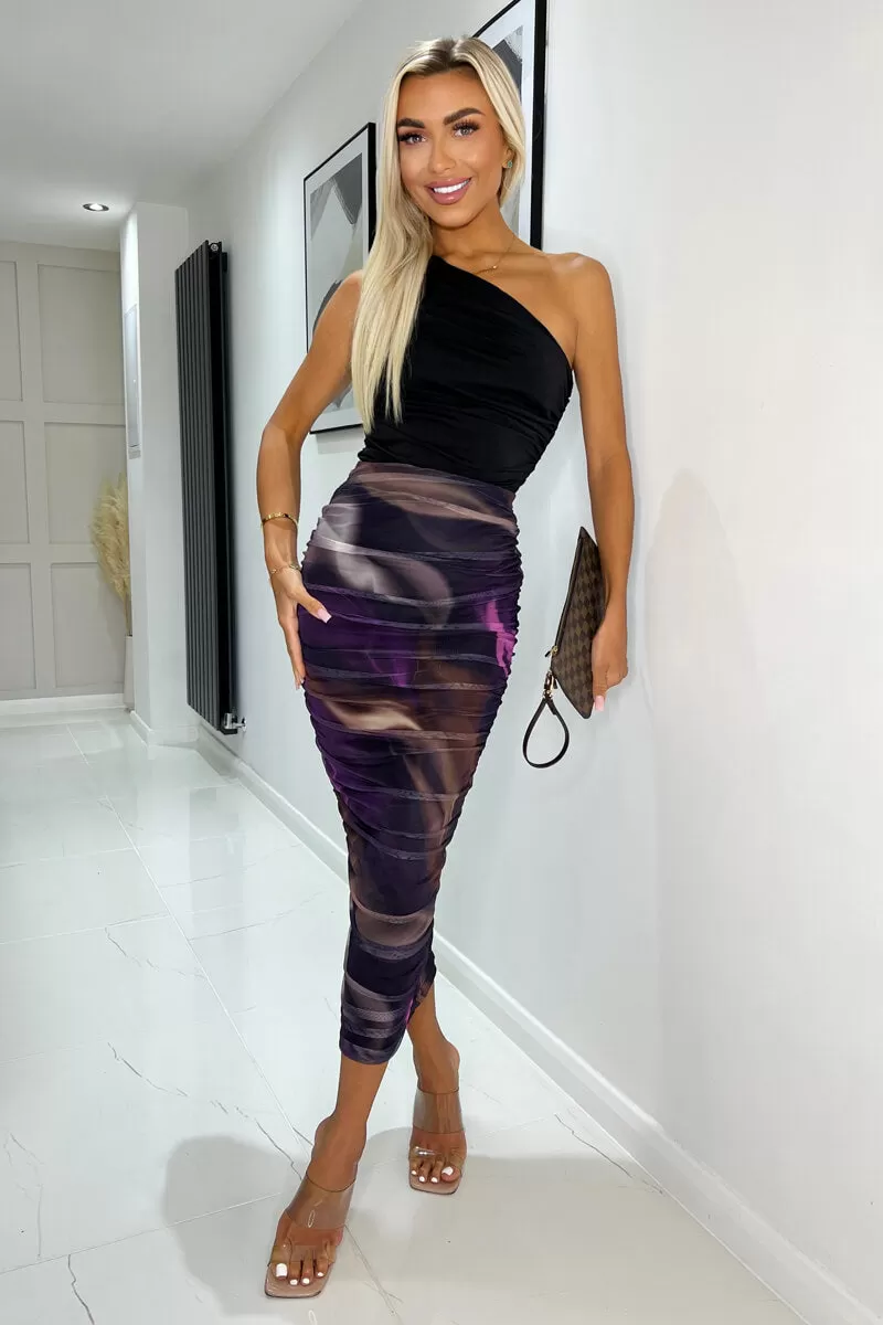 Plum Abstract Print Mesh Ruched Midi Skirt