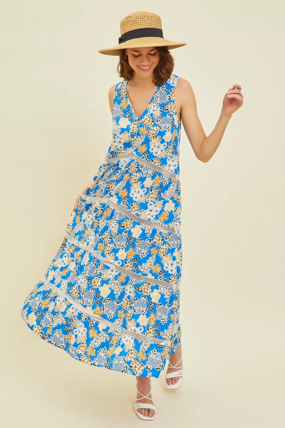 Pool Blue Floral Full Size Printed Crochet Trim Maxi Dress