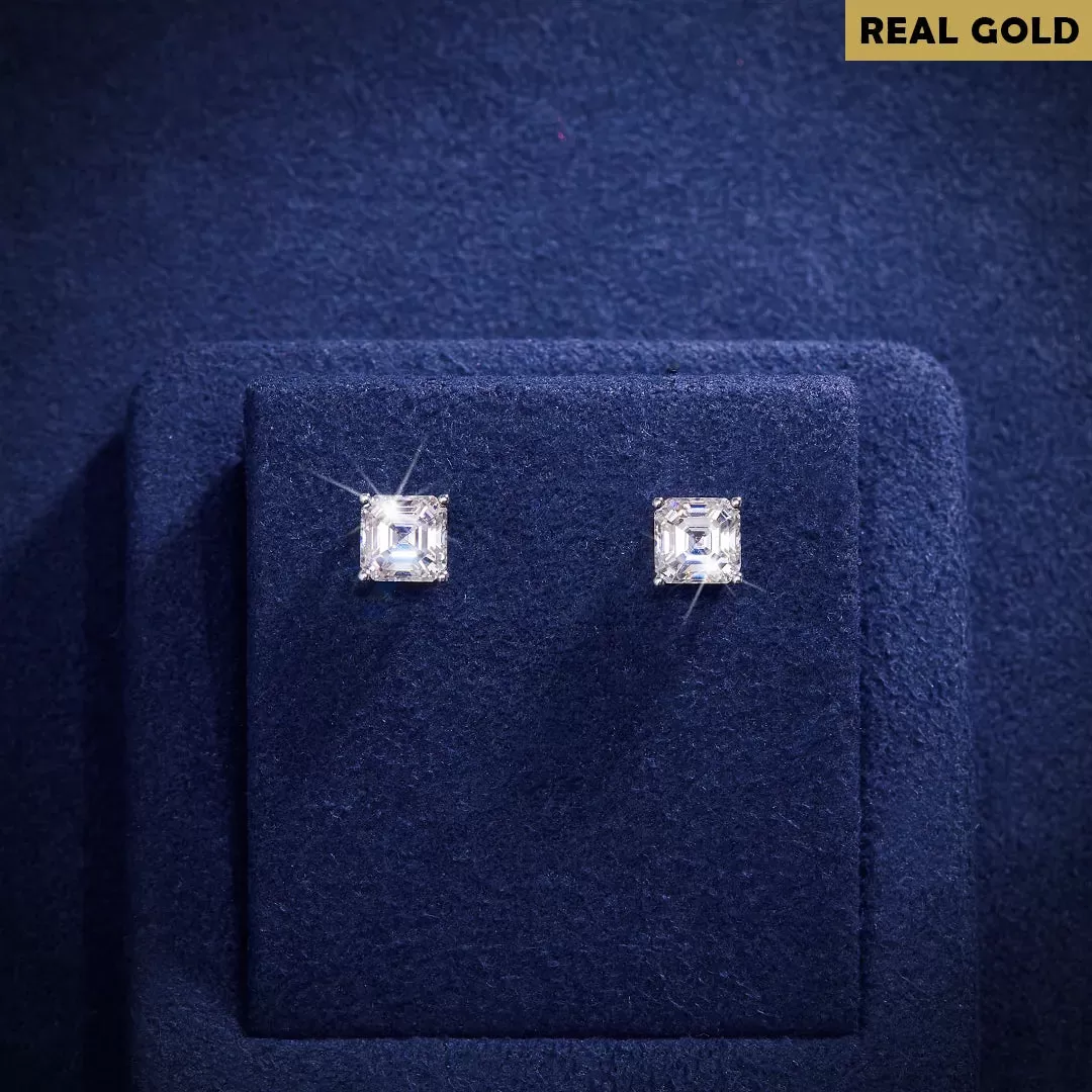 Real Gold Asscher cut Moissanite Stud Earrings