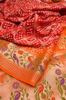 Red and Orange Color Dupion Banarasi Saree with Hand Bandhani and Paithani Design