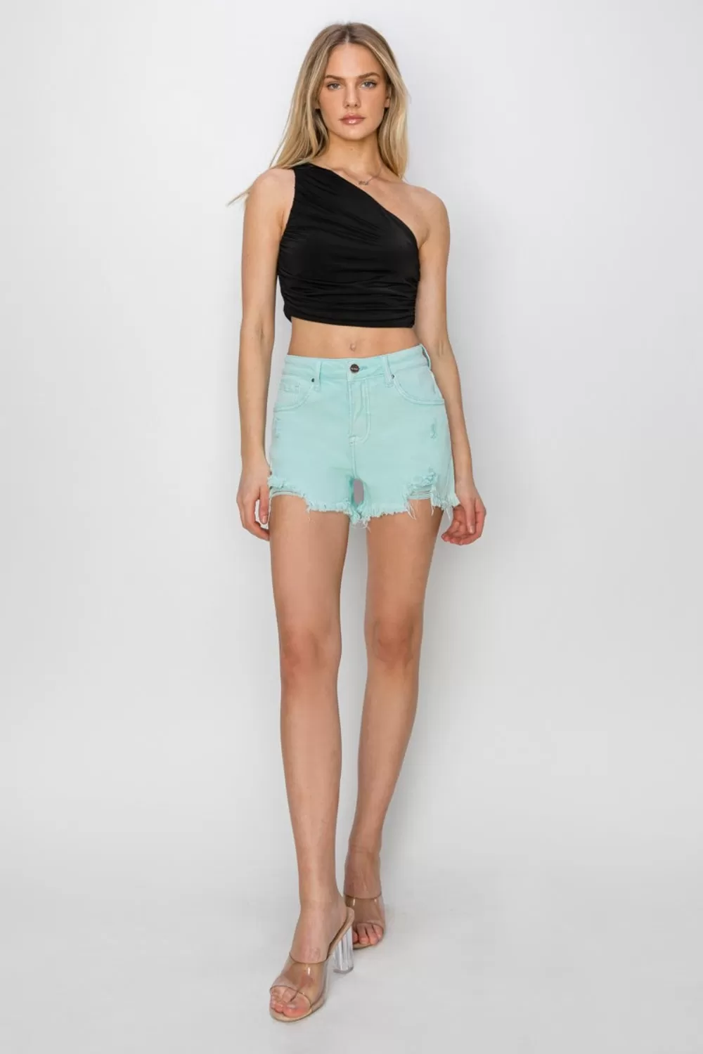 RISEN:  Mid Waist Frayed Hem Denim Shorts