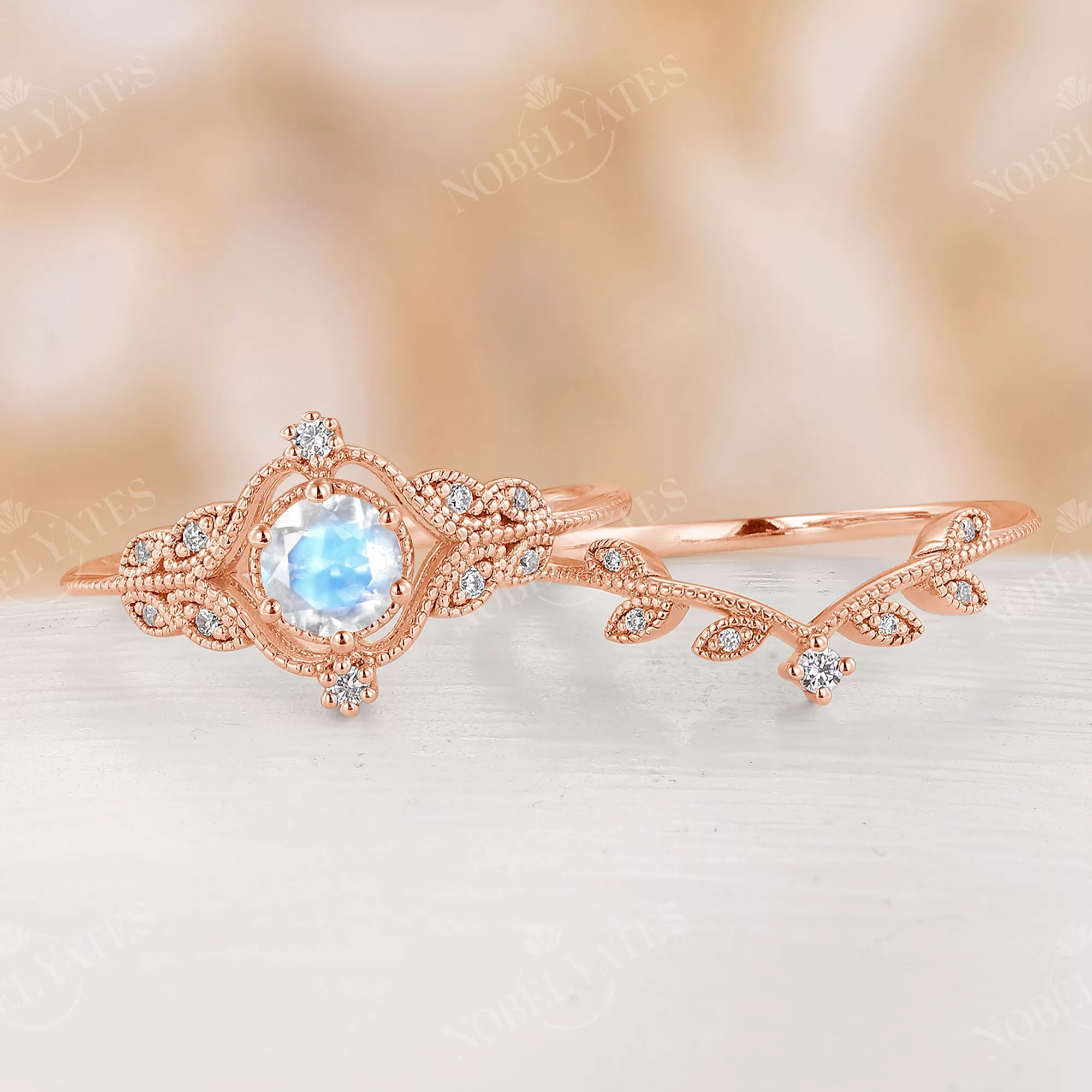 Round Moonstone Nature Milgrain Vintage Bridal Set Rose Gold