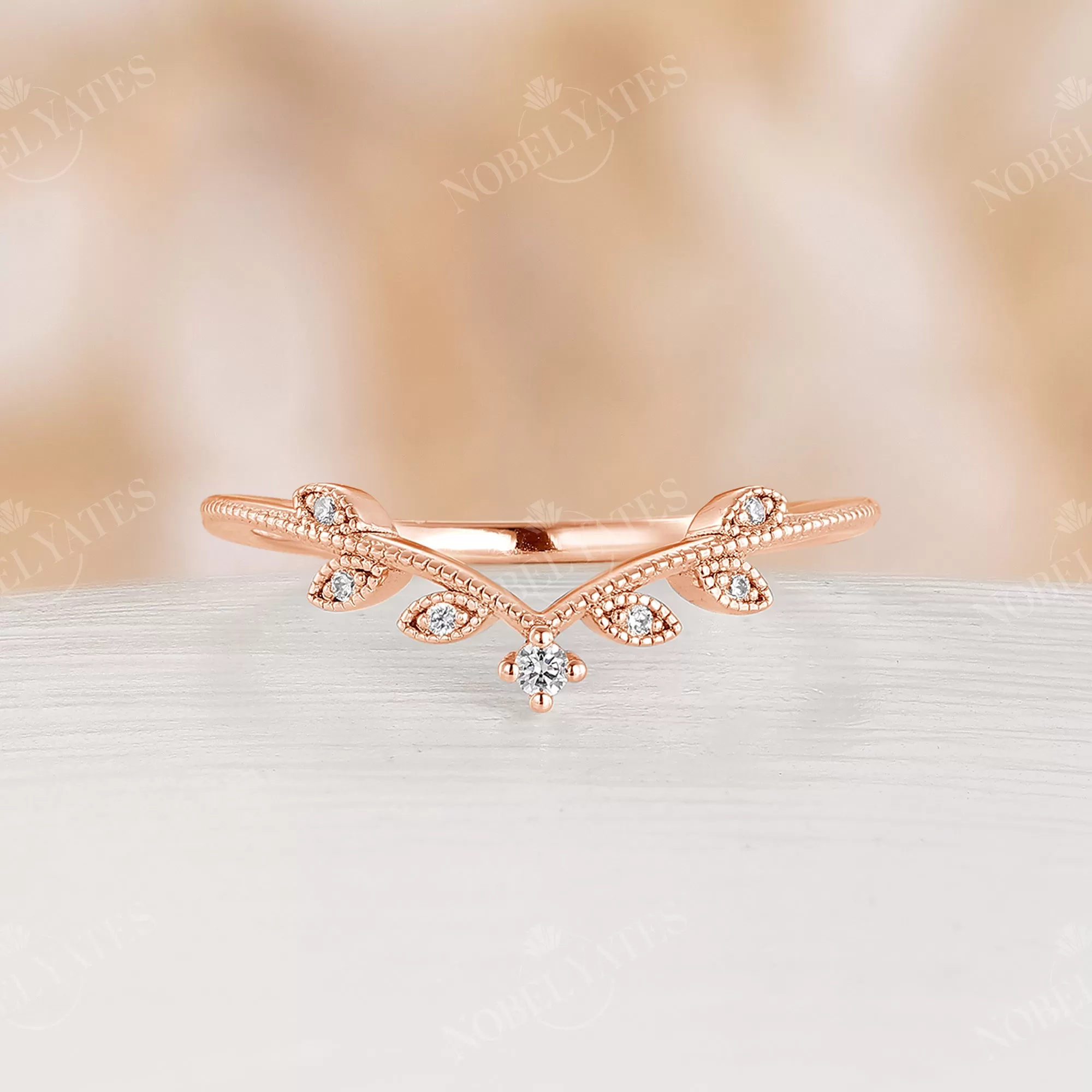 Round Moonstone Nature Milgrain Vintage Bridal Set Rose Gold