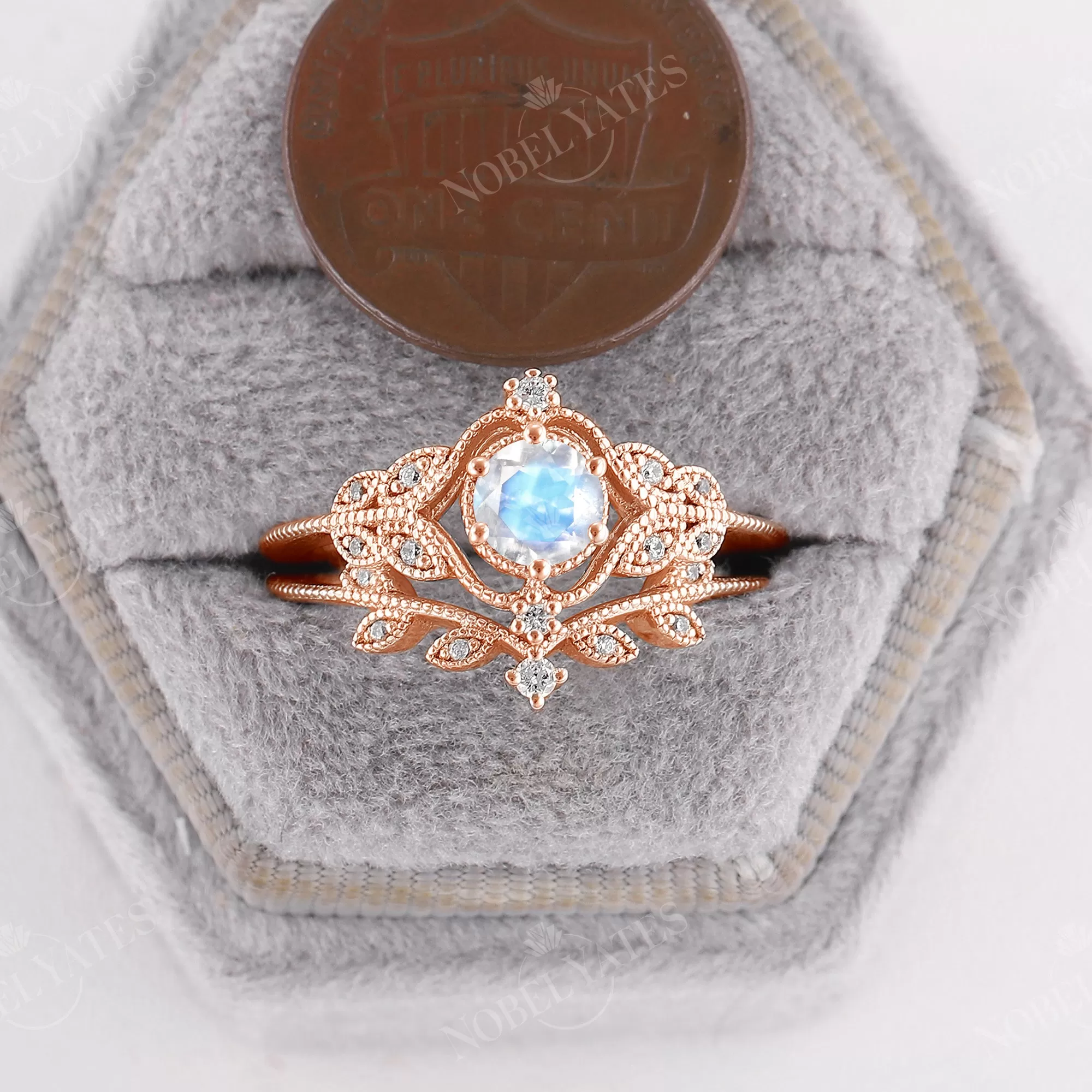 Round Moonstone Nature Milgrain Vintage Bridal Set Rose Gold