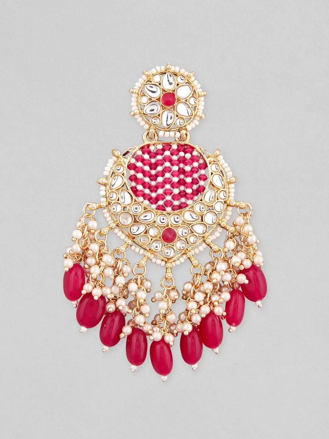 Rubans Gold Plated Chandbali Earrings With Pink And White Beads