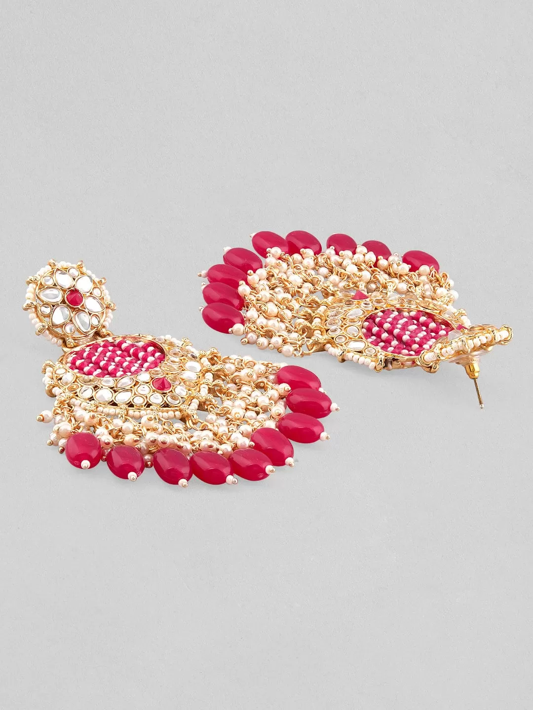 Rubans Gold Plated Chandbali Earrings With Pink And White Beads