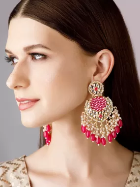 Rubans Gold Plated Chandbali Earrings With Pink And White Beads