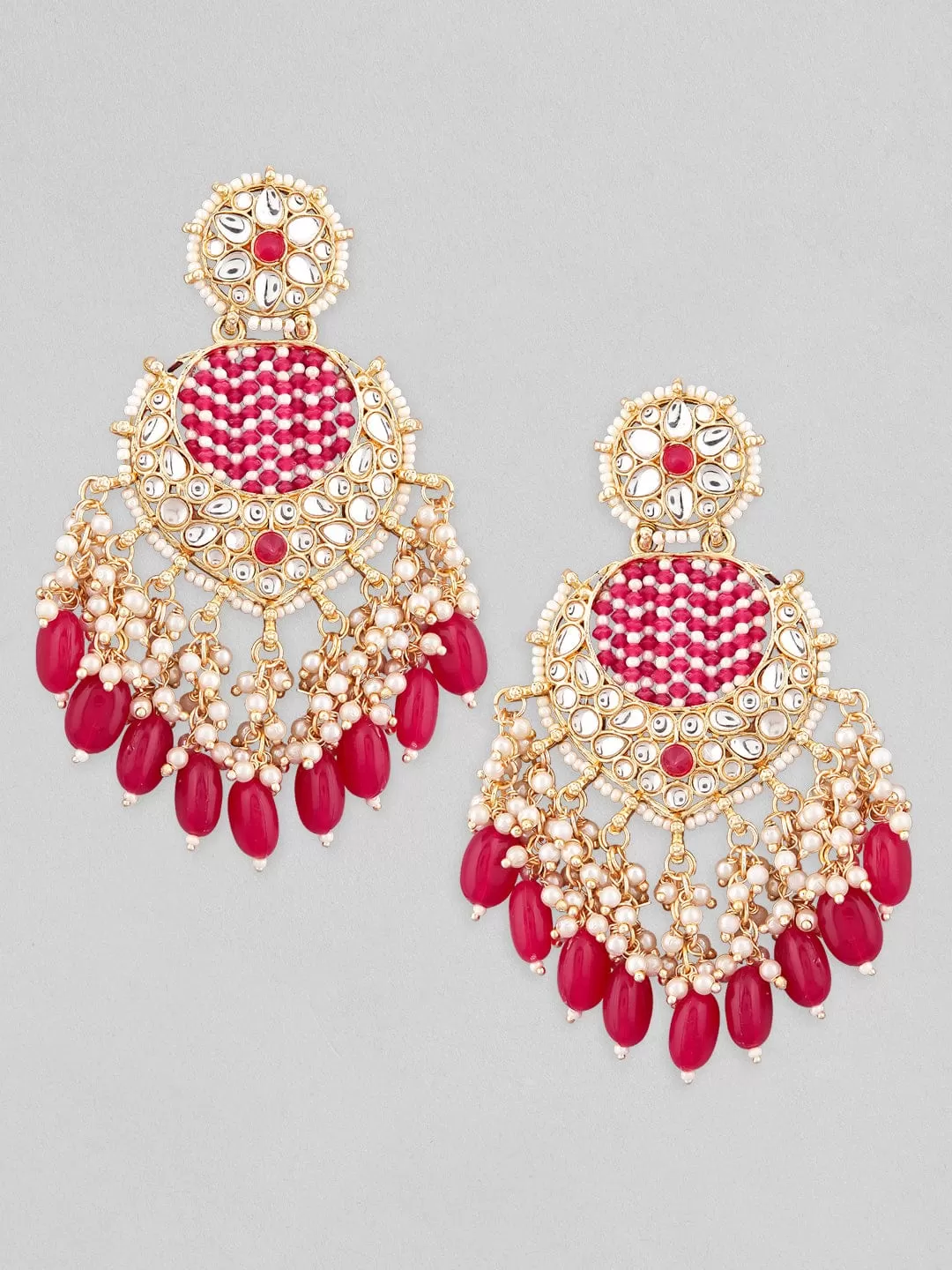 Rubans Gold Plated Chandbali Earrings With Pink And White Beads