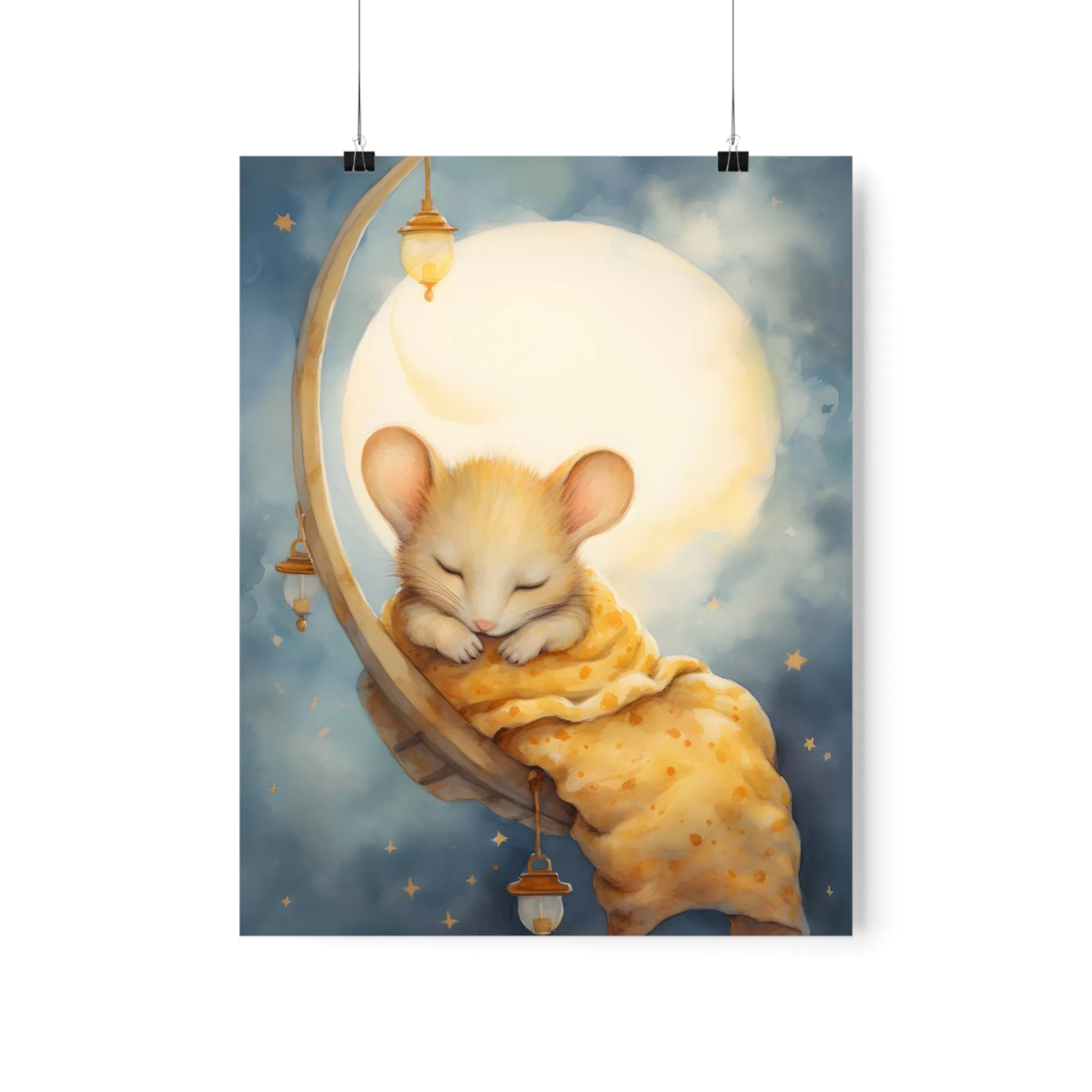 Sleeping Mouse, Baby Room Wall Art, Girl Nursery Decor, Kids room decor, cloud, moon, sleeping animals, Nursery Art,  Nursery Wall Art,