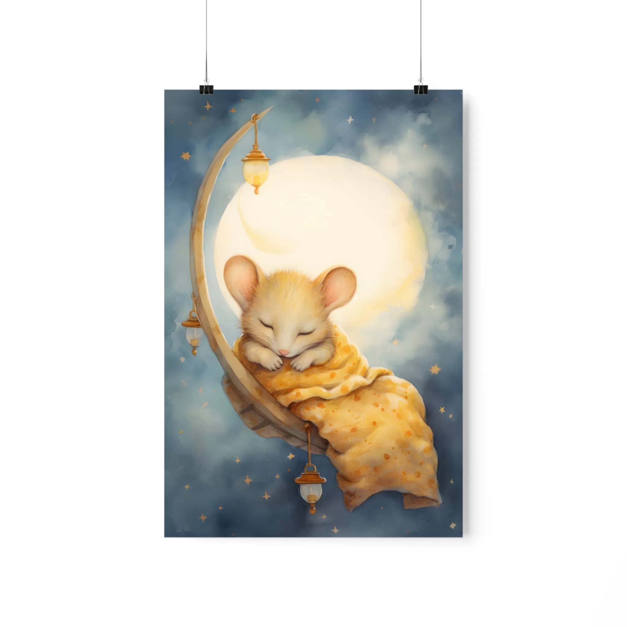 Sleeping Mouse, Baby Room Wall Art, Girl Nursery Decor, Kids room decor, cloud, moon, sleeping animals, Nursery Art,  Nursery Wall Art,