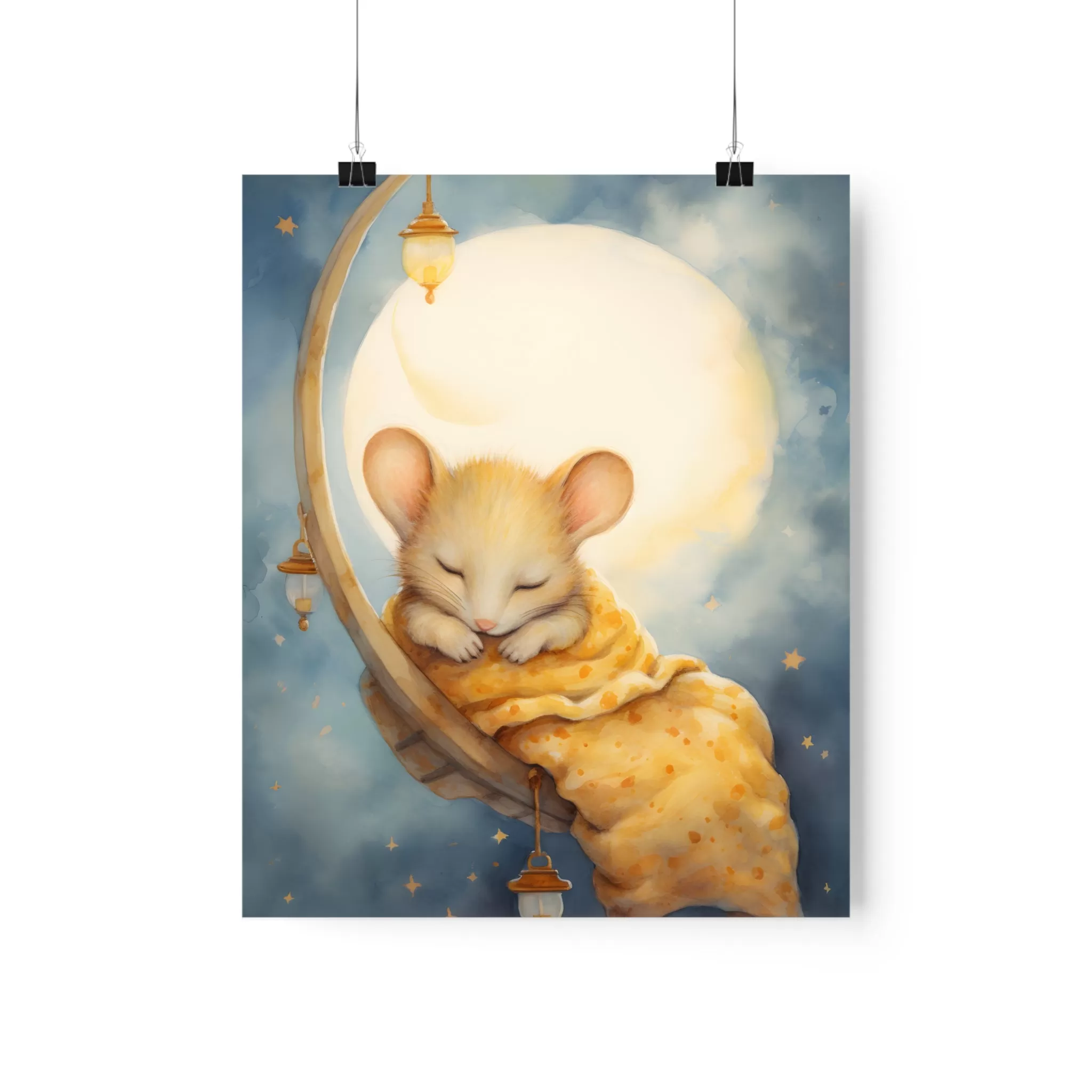 Sleeping Mouse, Baby Room Wall Art, Girl Nursery Decor, Kids room decor, cloud, moon, sleeping animals, Nursery Art,  Nursery Wall Art,