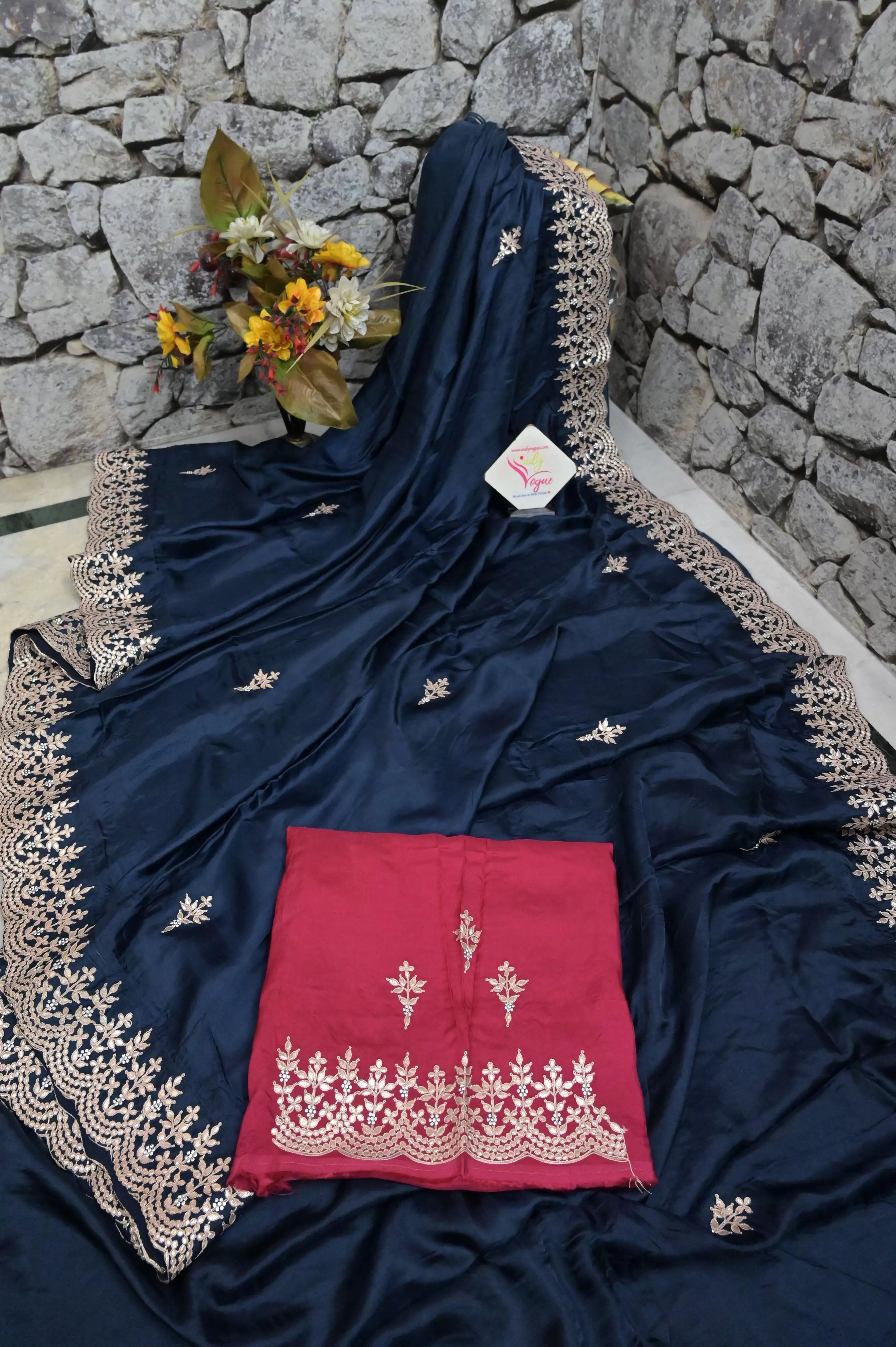 Space Navy Blue Color Crepe Satin Saree with Gota Patti Embroidery and Scallop Border