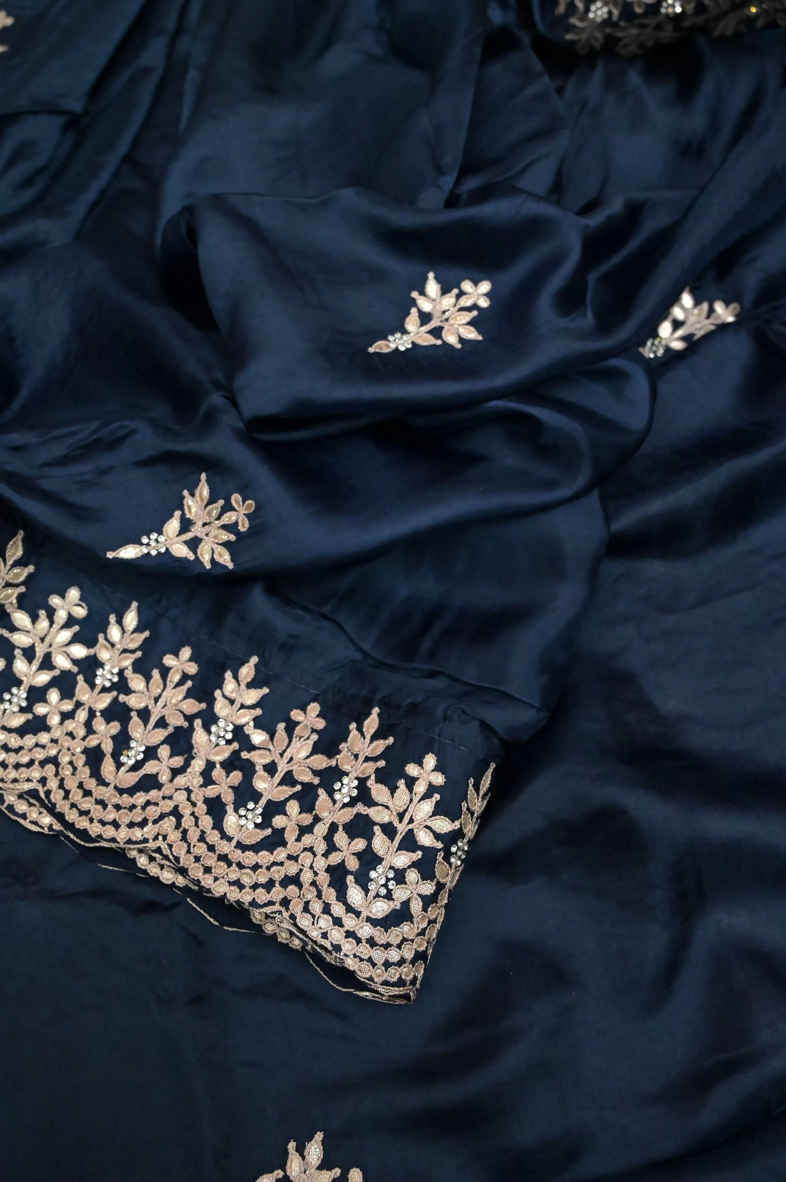 Space Navy Blue Color Crepe Satin Saree with Gota Patti Embroidery and Scallop Border