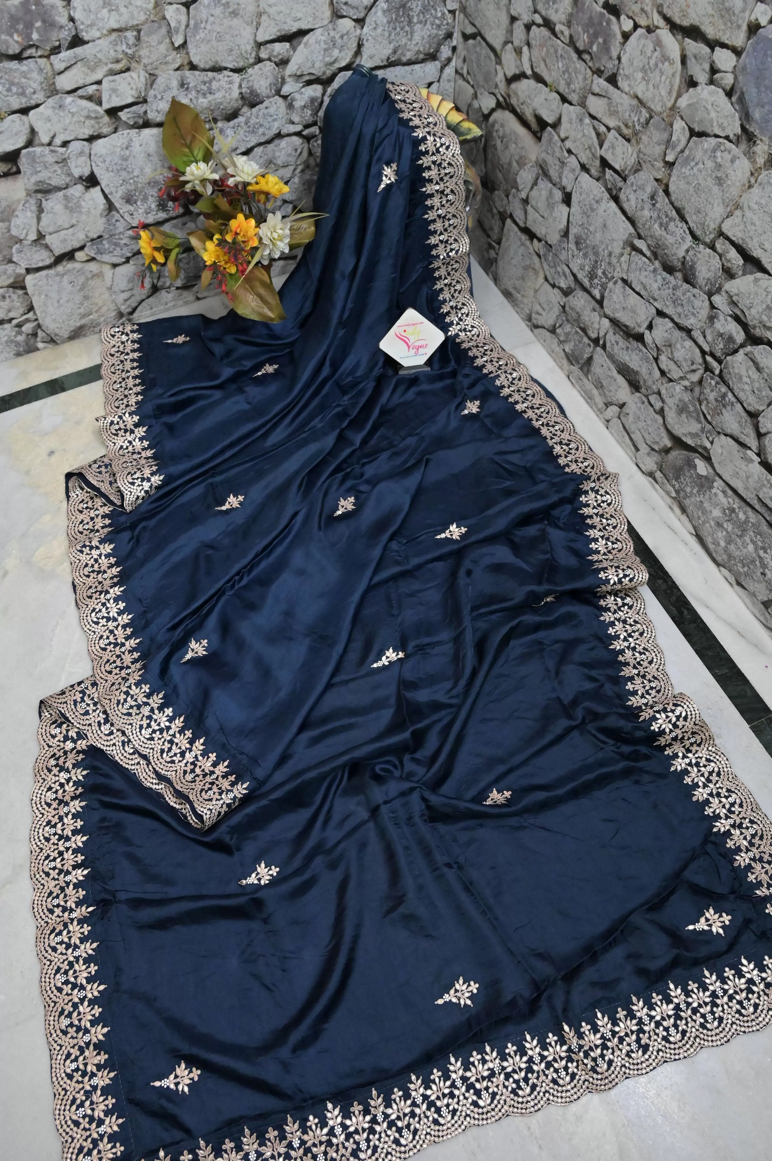 Space Navy Blue Color Crepe Satin Saree with Gota Patti Embroidery and Scallop Border