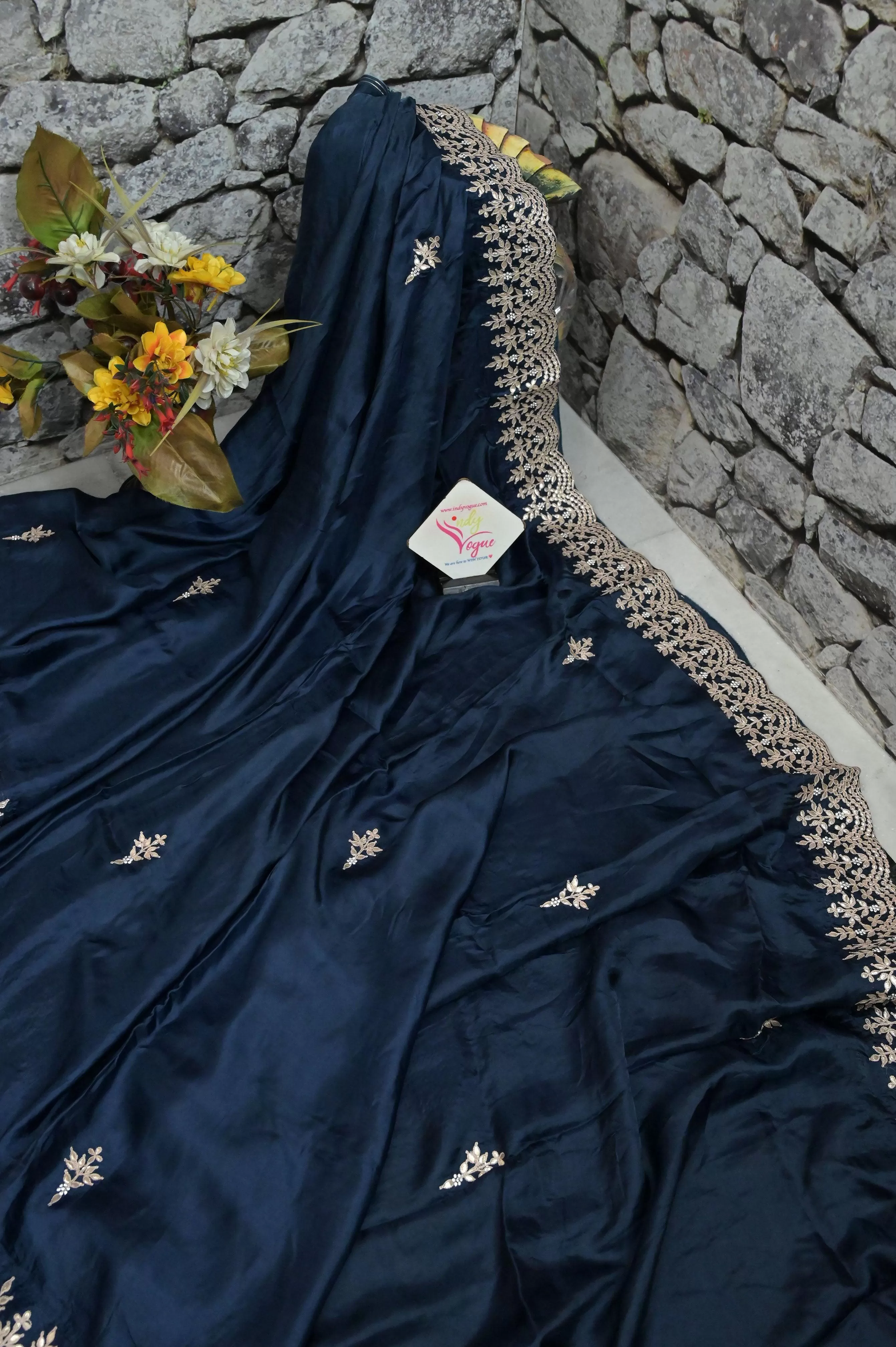 Space Navy Blue Color Crepe Satin Saree with Gota Patti Embroidery and Scallop Border