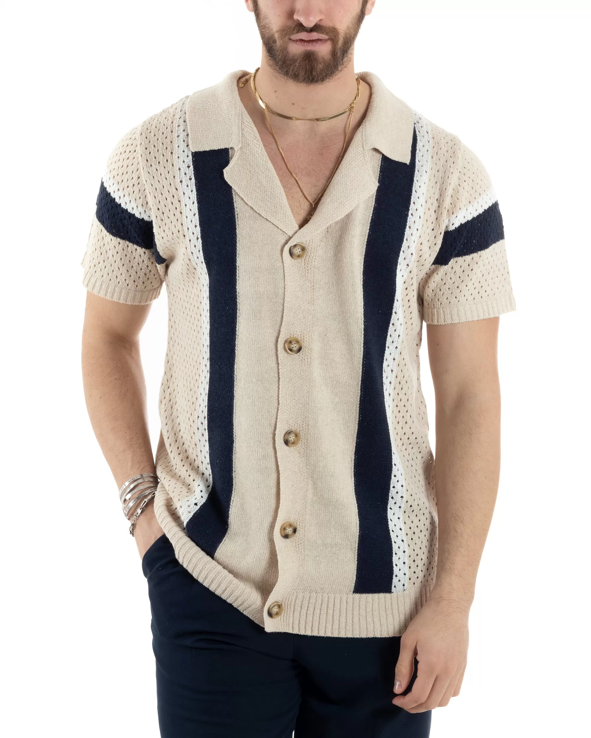 T-shirt Uomo Maglia Polo Traforata Ricamata Cardigan Manica Corta Con Bottoni Beige Casual GIOSAL-TS2988A