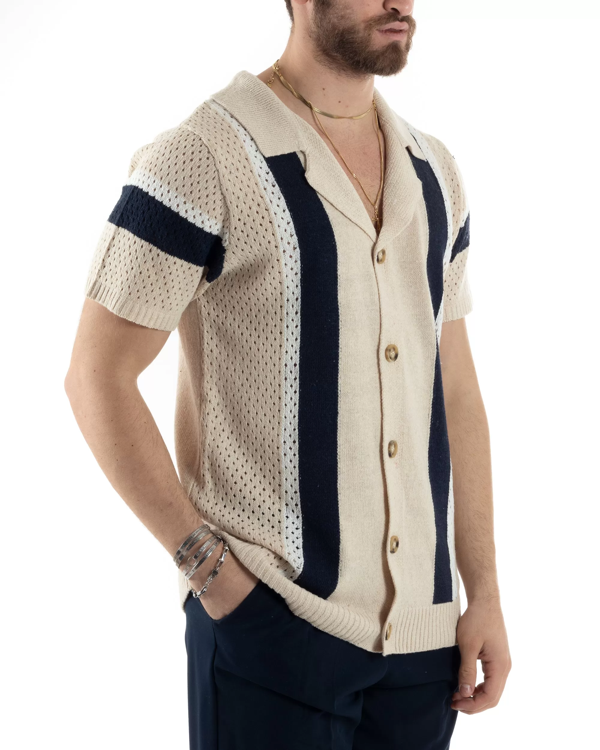 T-shirt Uomo Maglia Polo Traforata Ricamata Cardigan Manica Corta Con Bottoni Beige Casual GIOSAL-TS2988A