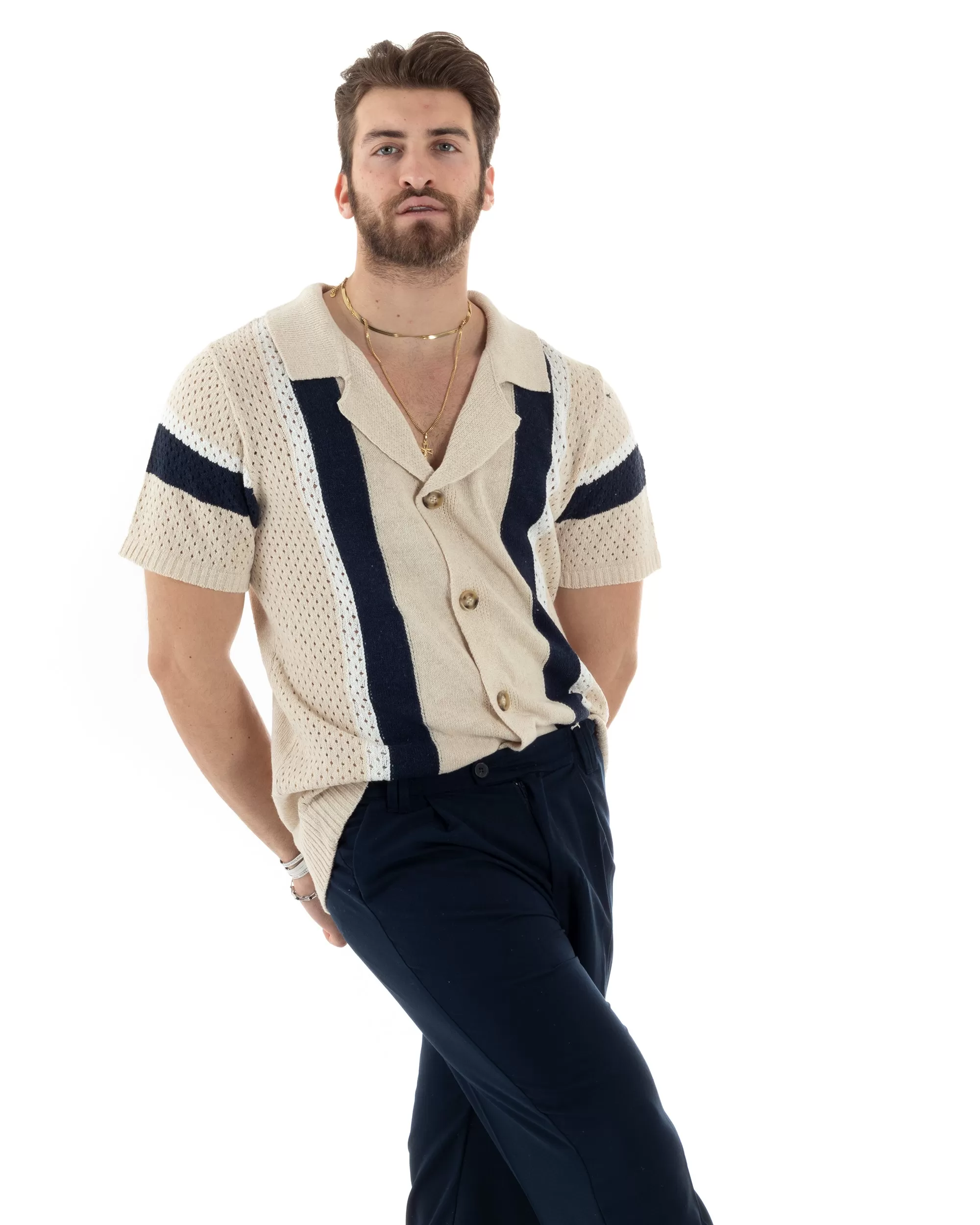 T-shirt Uomo Maglia Polo Traforata Ricamata Cardigan Manica Corta Con Bottoni Beige Casual GIOSAL-TS2988A