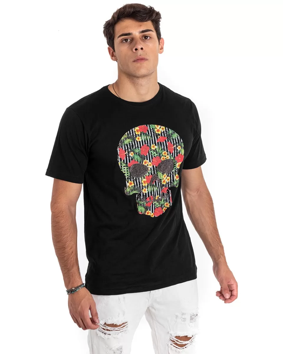 T-Shirt Uomo MOD Lunga Stampa Scheletro Nera Decoro Fiori Mezza Manica GIOSAL TS2658A