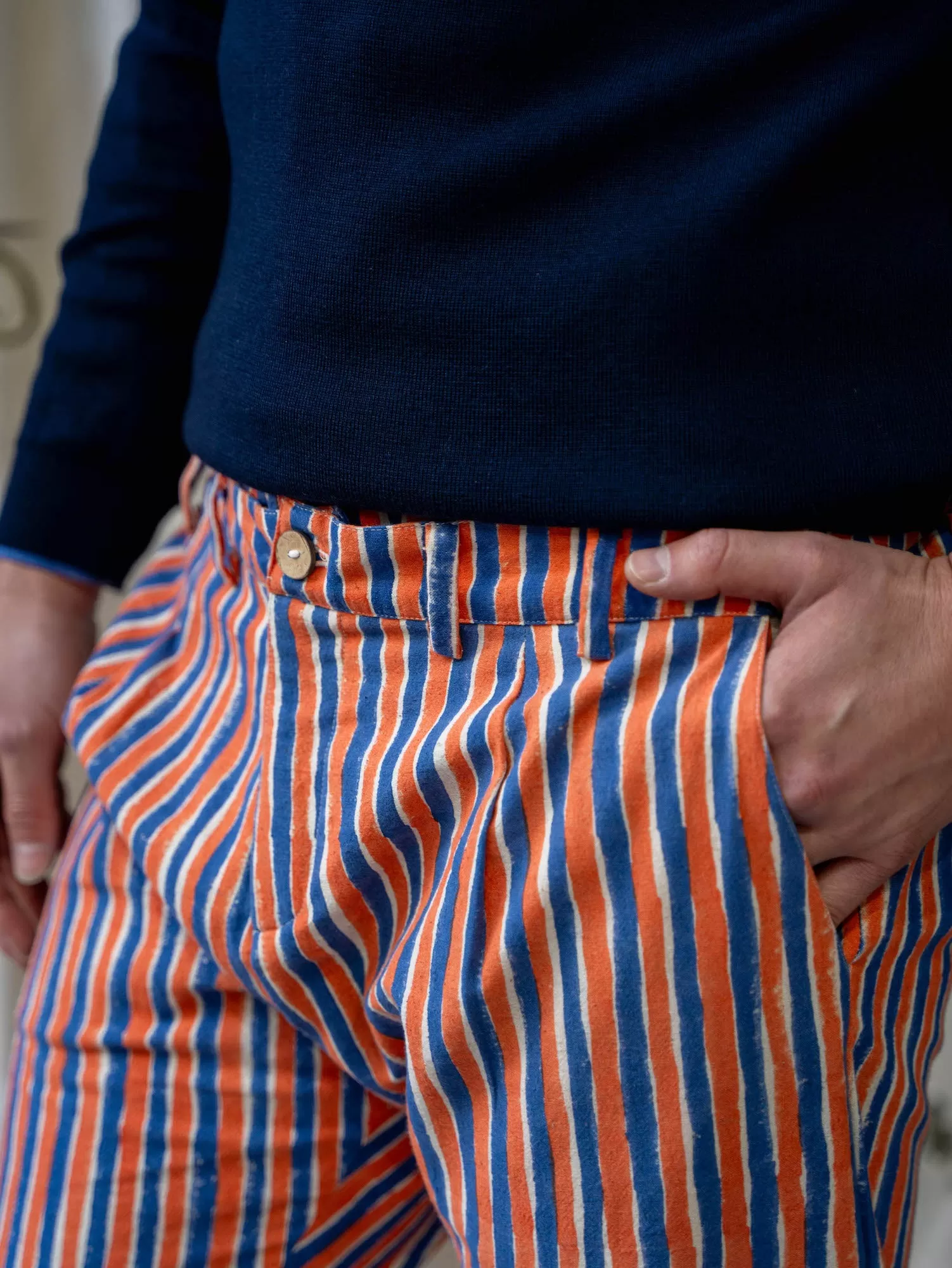 Tailored Pants - Blue and Orange Stripe Print