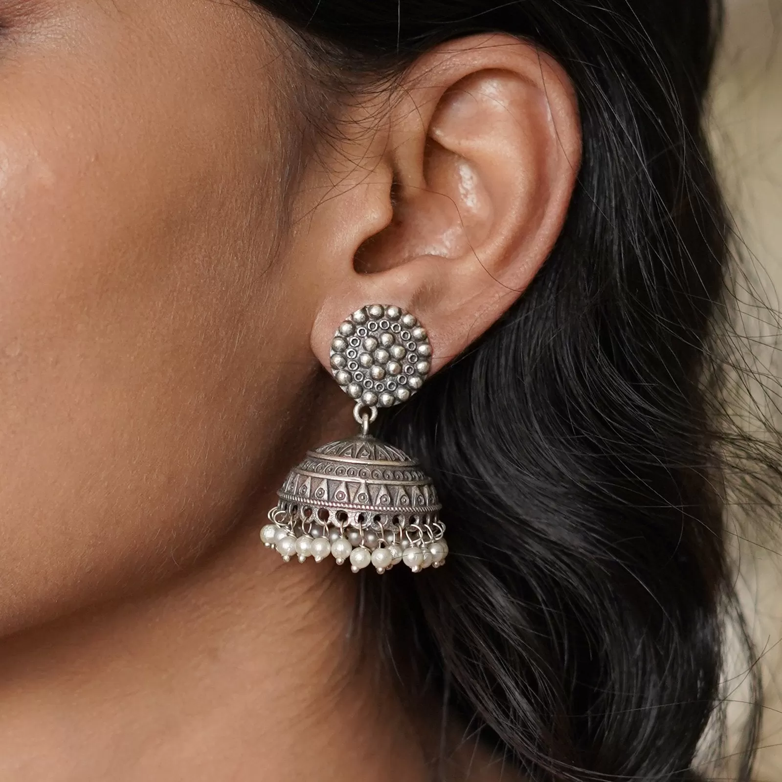 Teejh Zarna Silver Oxidised Jhumki Earrings