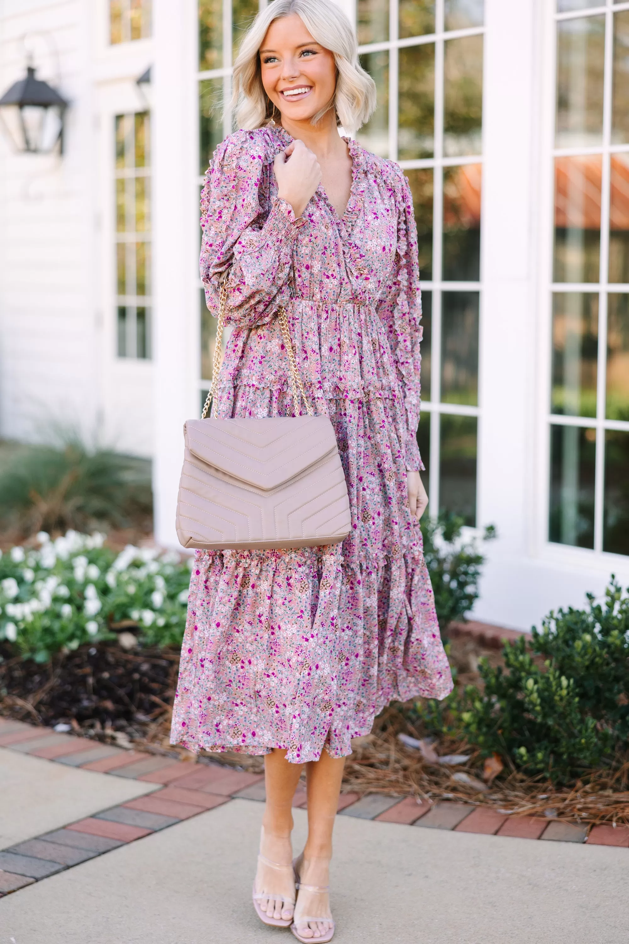 Tell Your Story Dusty Pink Ditsy Floral Midi Dress