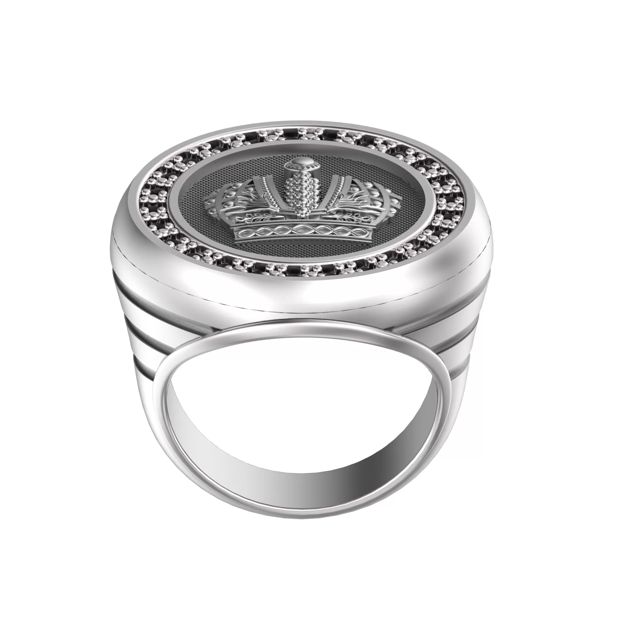 The Queens Crown Round Top Signet with Black Zircons