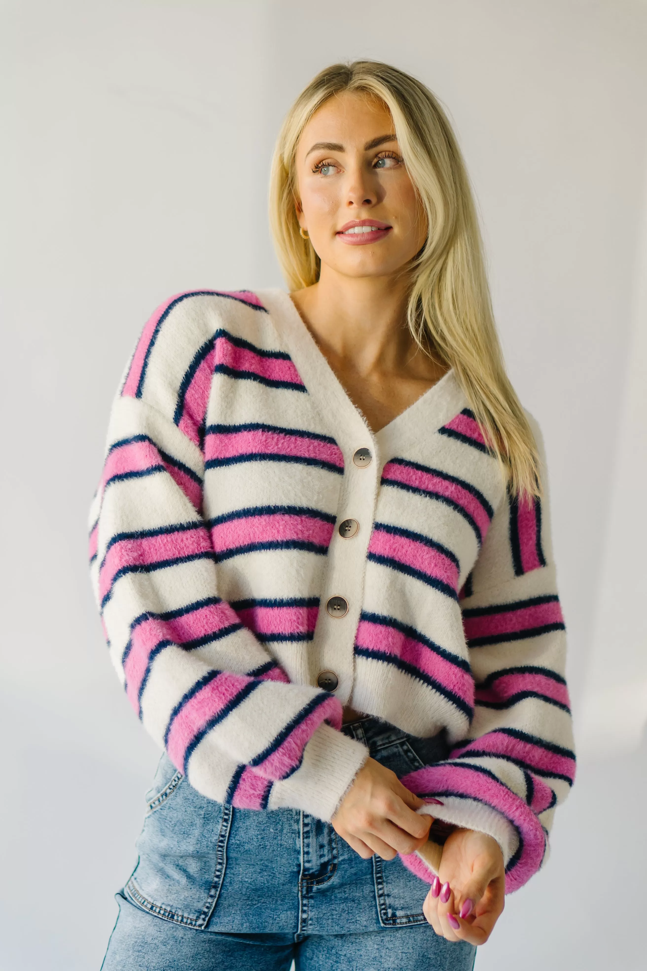 The Willmar Mohair Cardigan in Ivory   Pink Multi