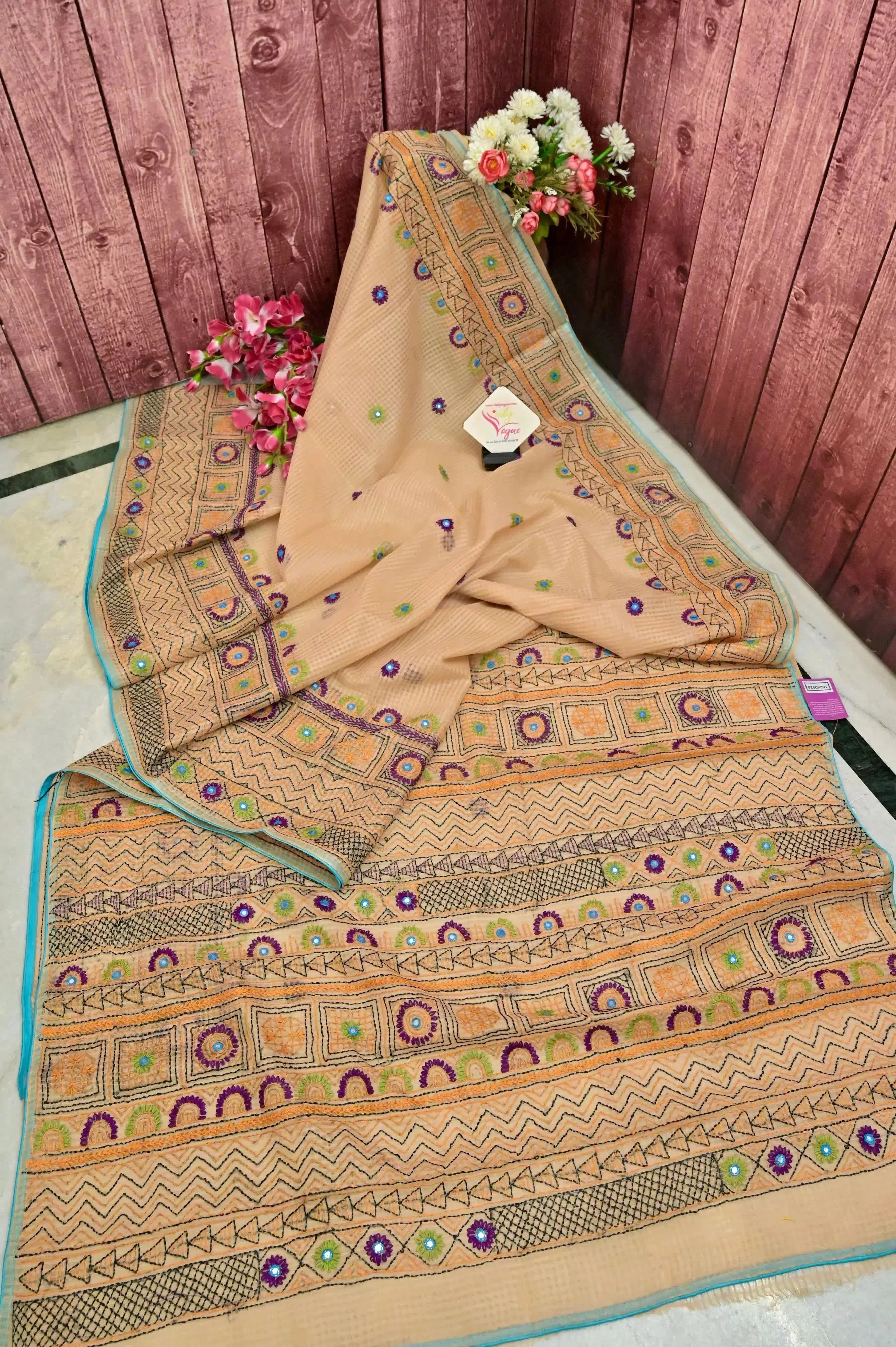 Tussar Color Resham Kota Saree with Checks and Hand Lambani Work with Piping