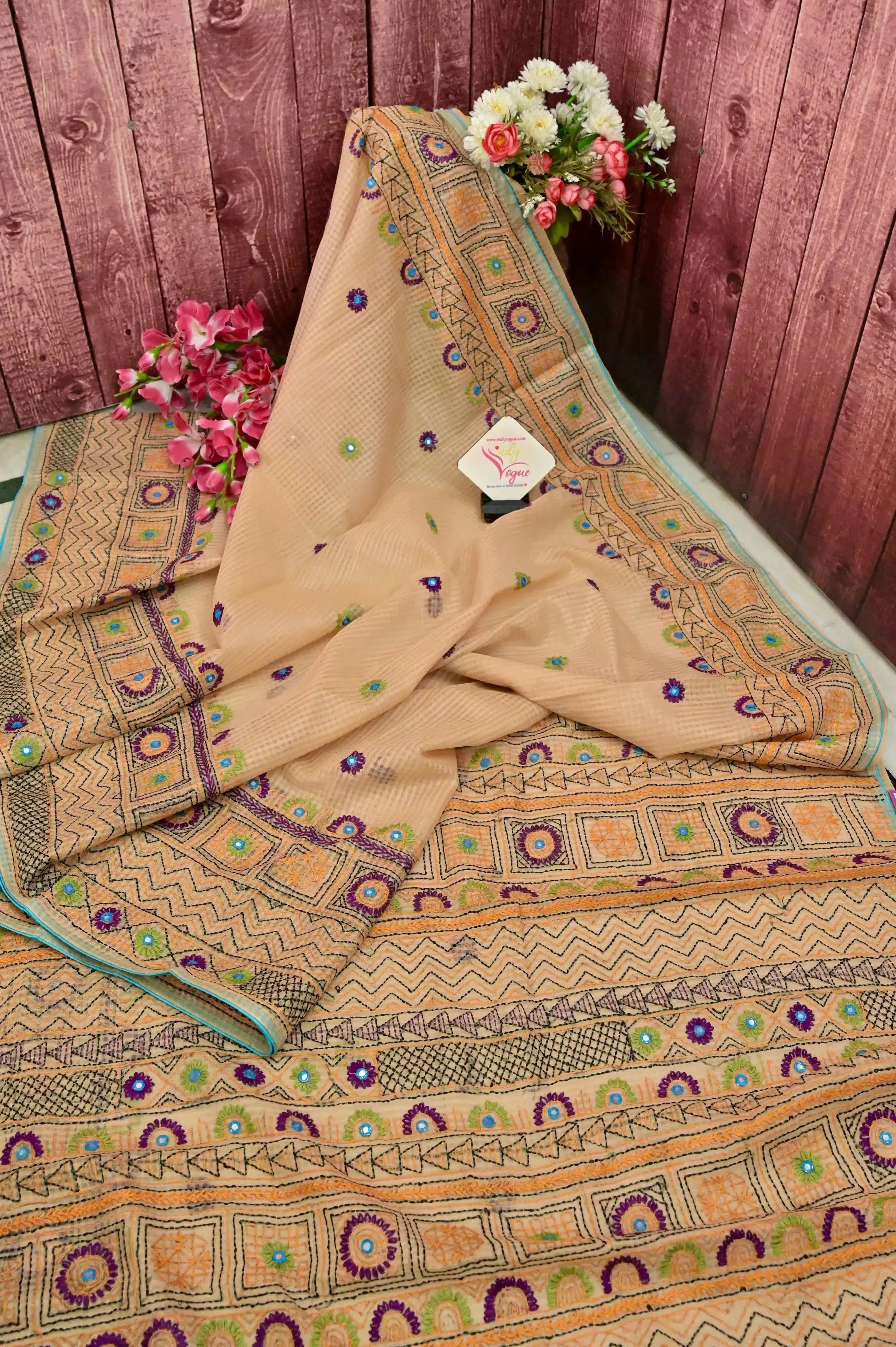 Tussar Color Resham Kota Saree with Checks and Hand Lambani Work with Piping