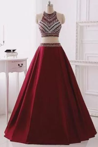 Two Piece Burgundy Glitter Halter Sleeveless Sparkly Prom Dresses For Teens