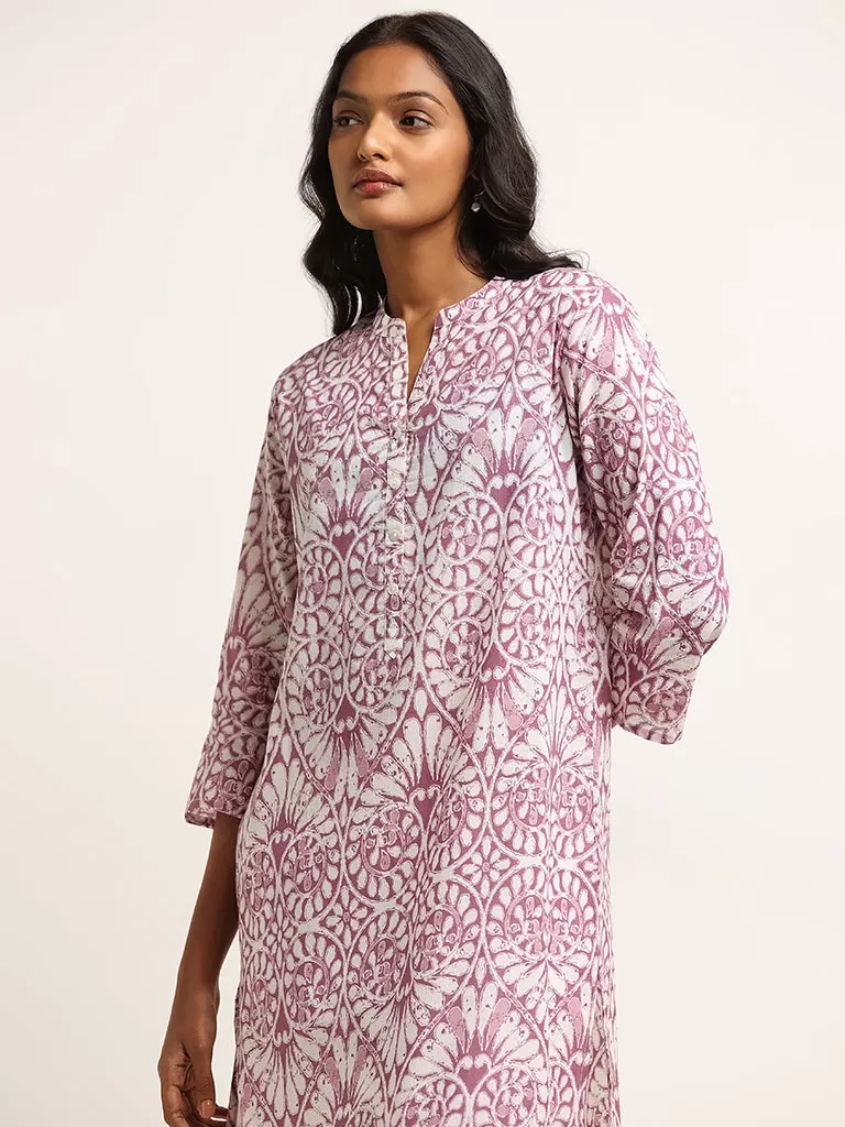 Utsa Lilac Straight-Fit Printed Cotton Kurta