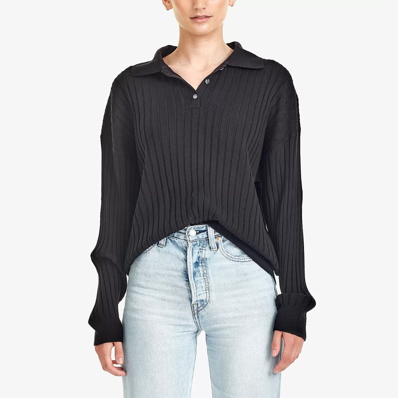 W RIB KNIT LS POLO BLACK