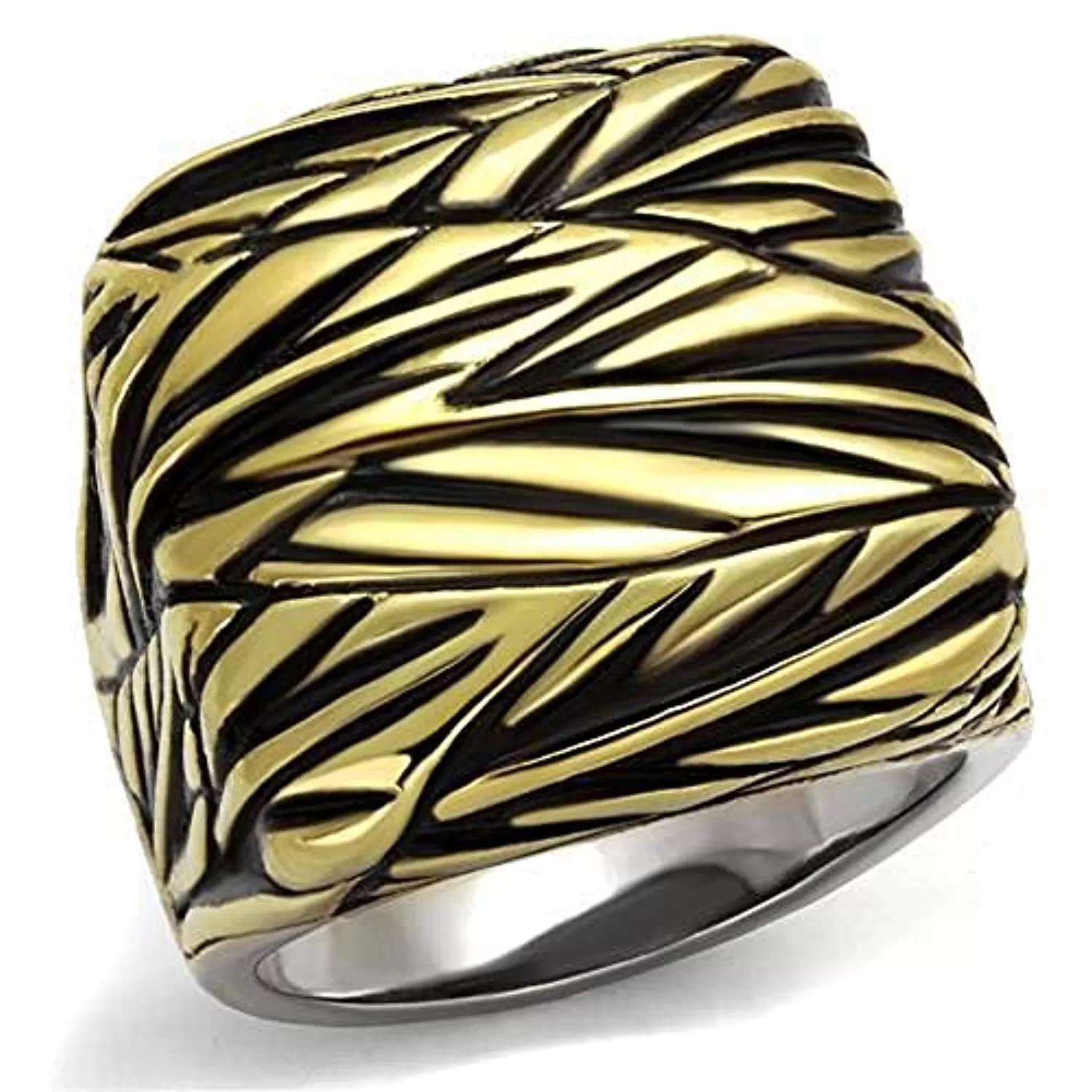 WildKlass Stainless Steel Ring Two-Tone IP Gold Men Epoxy Jet