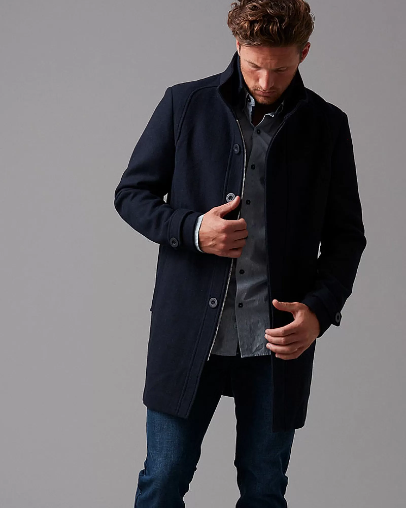 WOOL-BLEND RIB COLLAR COAT